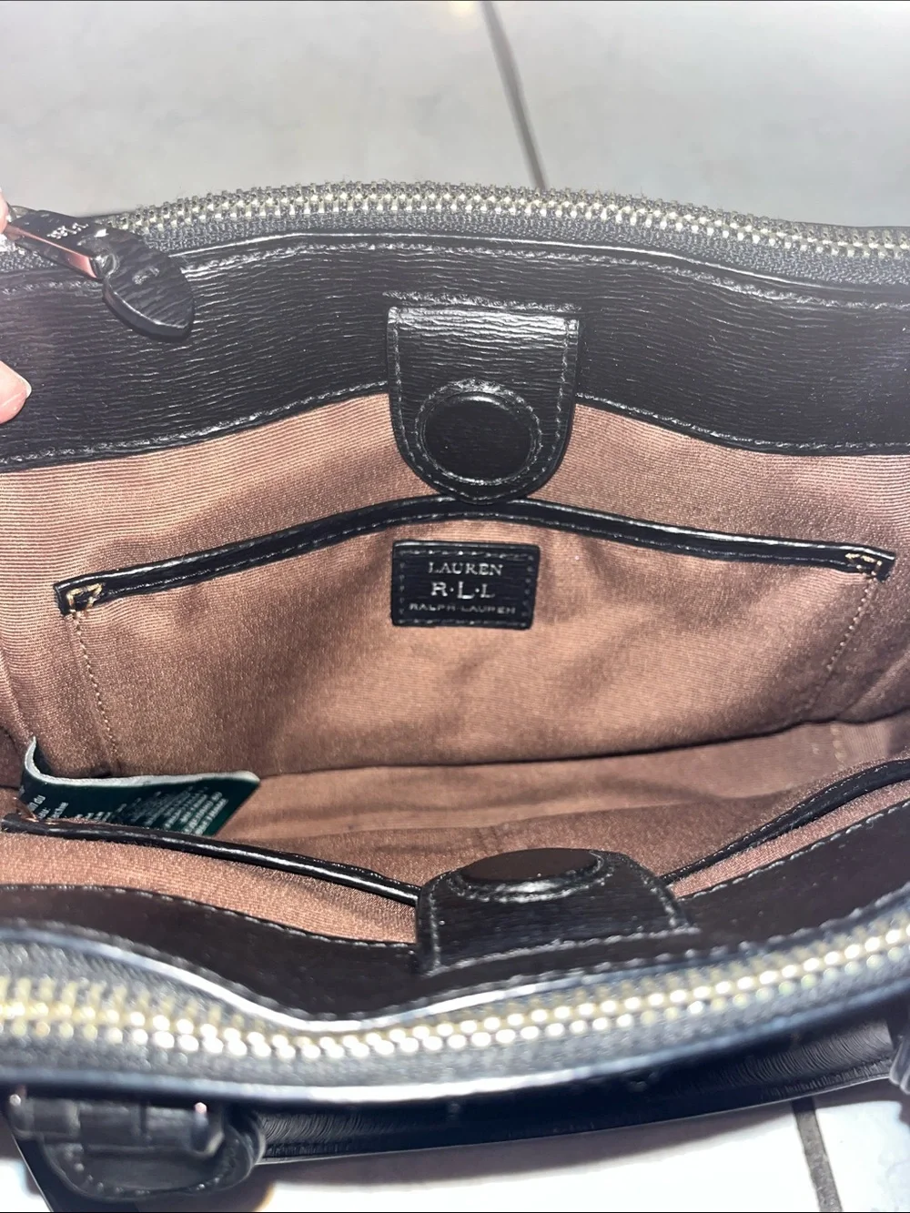RALPH LAUREN NEWBERY DOUBLE ZIP SATCHEL BAG IN BLACK STRUCTURED LEATHER